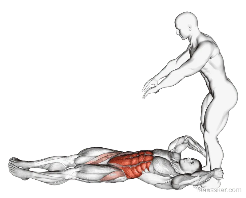 Assisted Lying Leg Raise With Lateral Throw Down, Male demonstration, Start