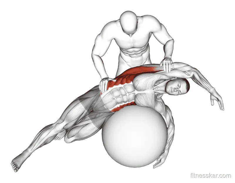 Assisted Oblique and Latissimus Dorsi Stretch on Stability Ball