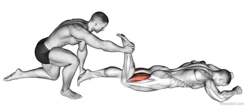Assisted Prone Hamstring Stretch, Male demonstration, Start