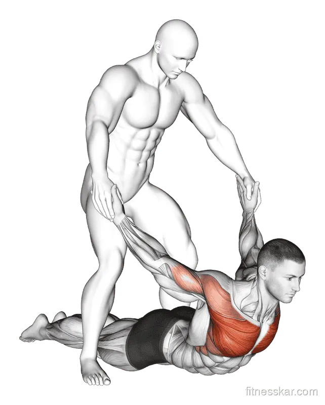 Assisted Pulling Arms in Prone Position Chest Stretch, Male demonstration, Start