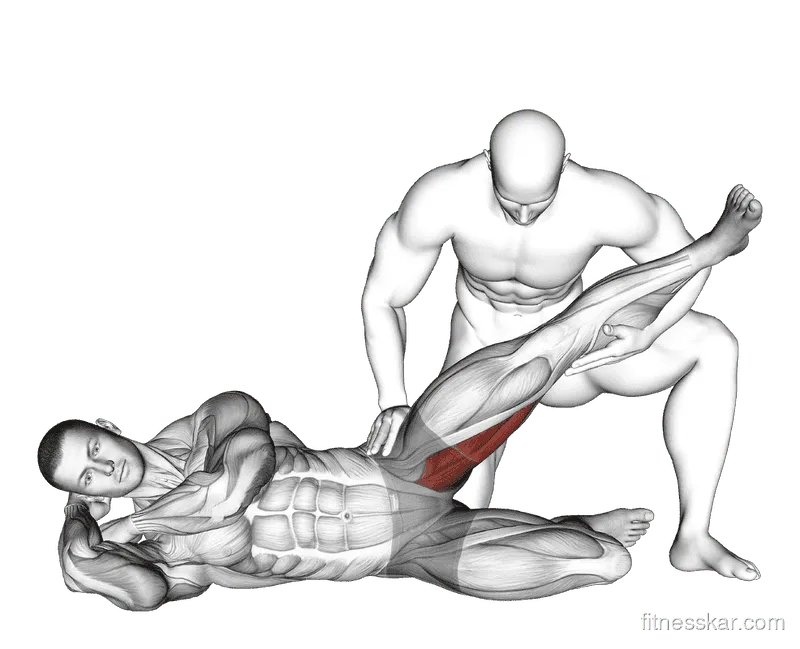 Assisted Side-Lying Adductor Stretch, Male demonstration, Start