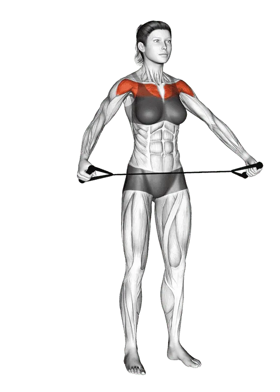 Band Warm-Up Shoulder Stretch, Female demonstration, Start