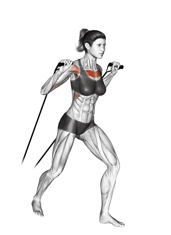 Band standing incline chest press, Female demonstration, Start