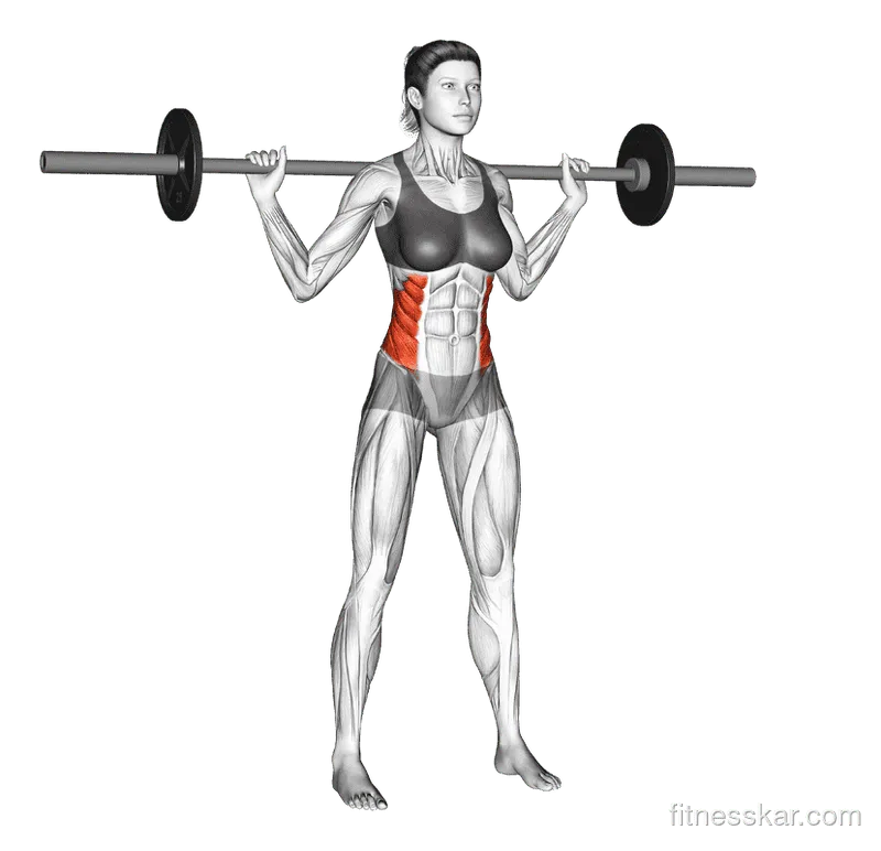 Barbell Standing Twist, Female demonstration, Start