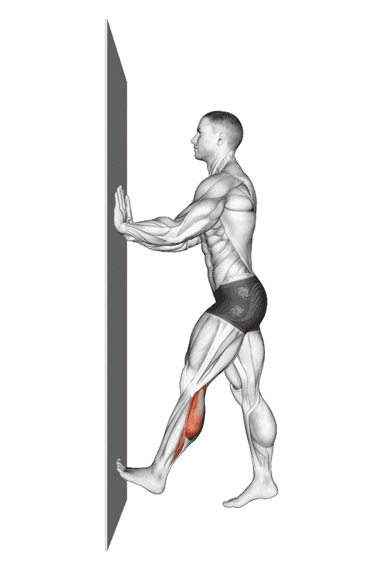 Calf Push Stretch With Hands Against Wall, Male demonstration, Start