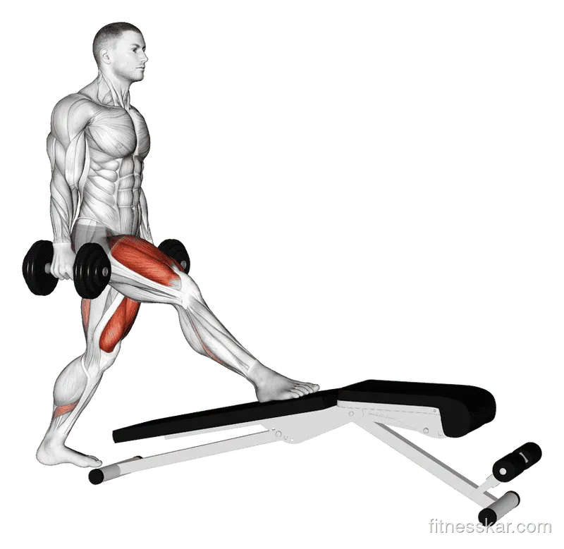 Dumbbell Decline Bench Lunge, Male demonstration, Start