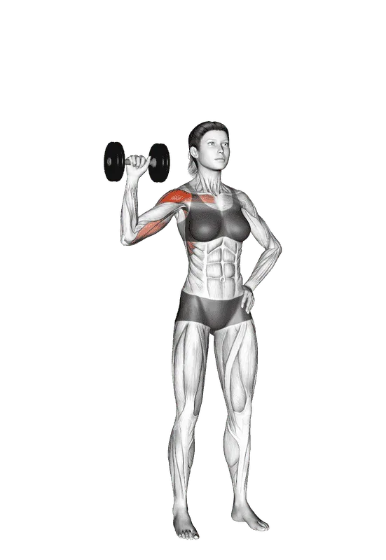 Dumbbell One-Arm Shoulder Press, Female demonstration, Start