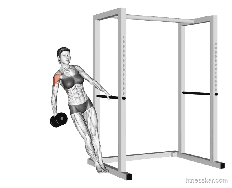 Dumbbell Single-Arm Leaning Lateral Raise, Female demonstration, Start