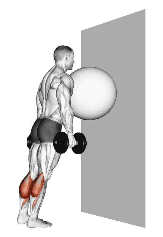 Exercise Ball on the Wall Calf Raise, Male demonstration, Start