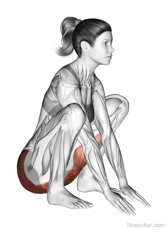 Hip and Knee Flexion Squatting Stretch, Female demonstration, Start