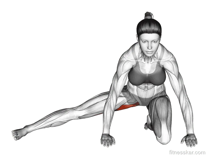 Kneeling Leg Out Adductor Stretch, Female demonstration, Start