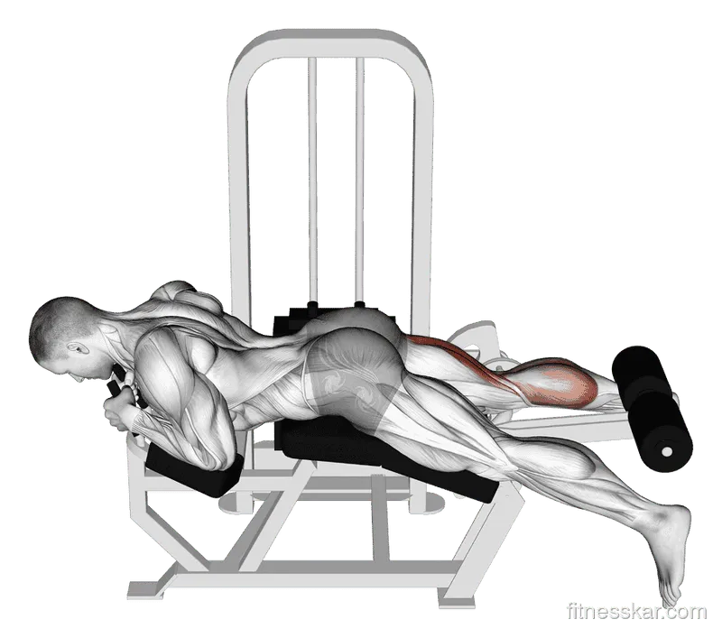 Lever Lying Single Leg Curl, Male demonstration, Start