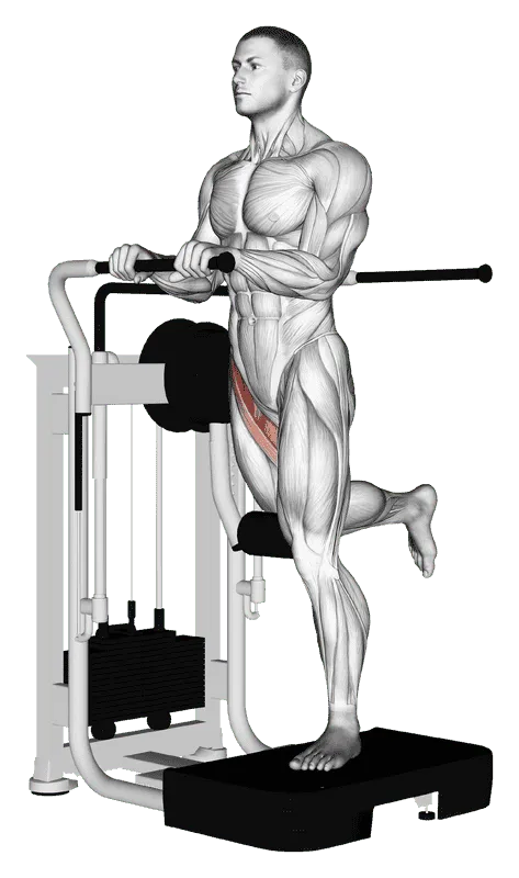 Lever Standing Leg Raise, Male demonstration, Start