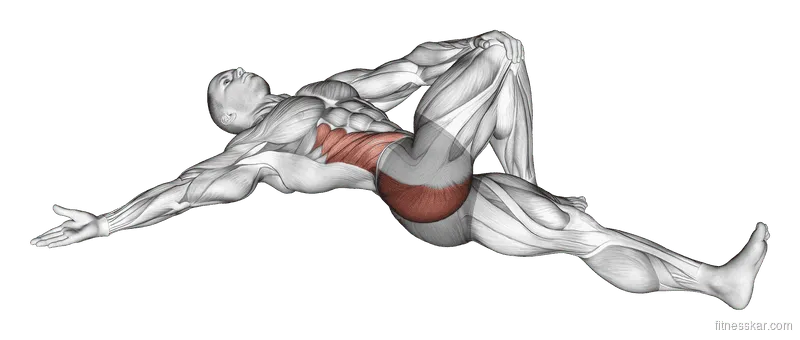 Lying Cross-Over Knee Pull-Down Stretch, Male demonstration, Start