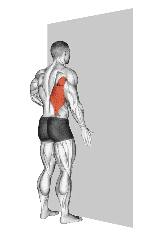 One-Arm Against Wall Stretch, Male demonstration, Start