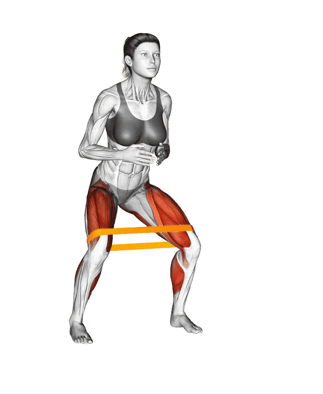 Resistance Band Duck Walk, Female demonstration, Start